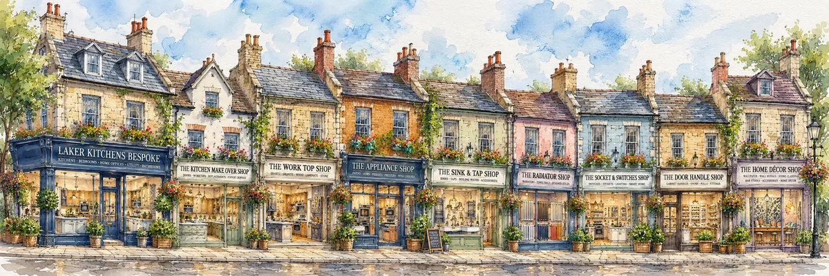 Watercolour of a high street of Laker Kitchens shops: Bespoke, Kitchen Make Over, Work Top, Appliance, Sink and Tap, Radiator, Socket and Switches, Door Handle and Home Decor