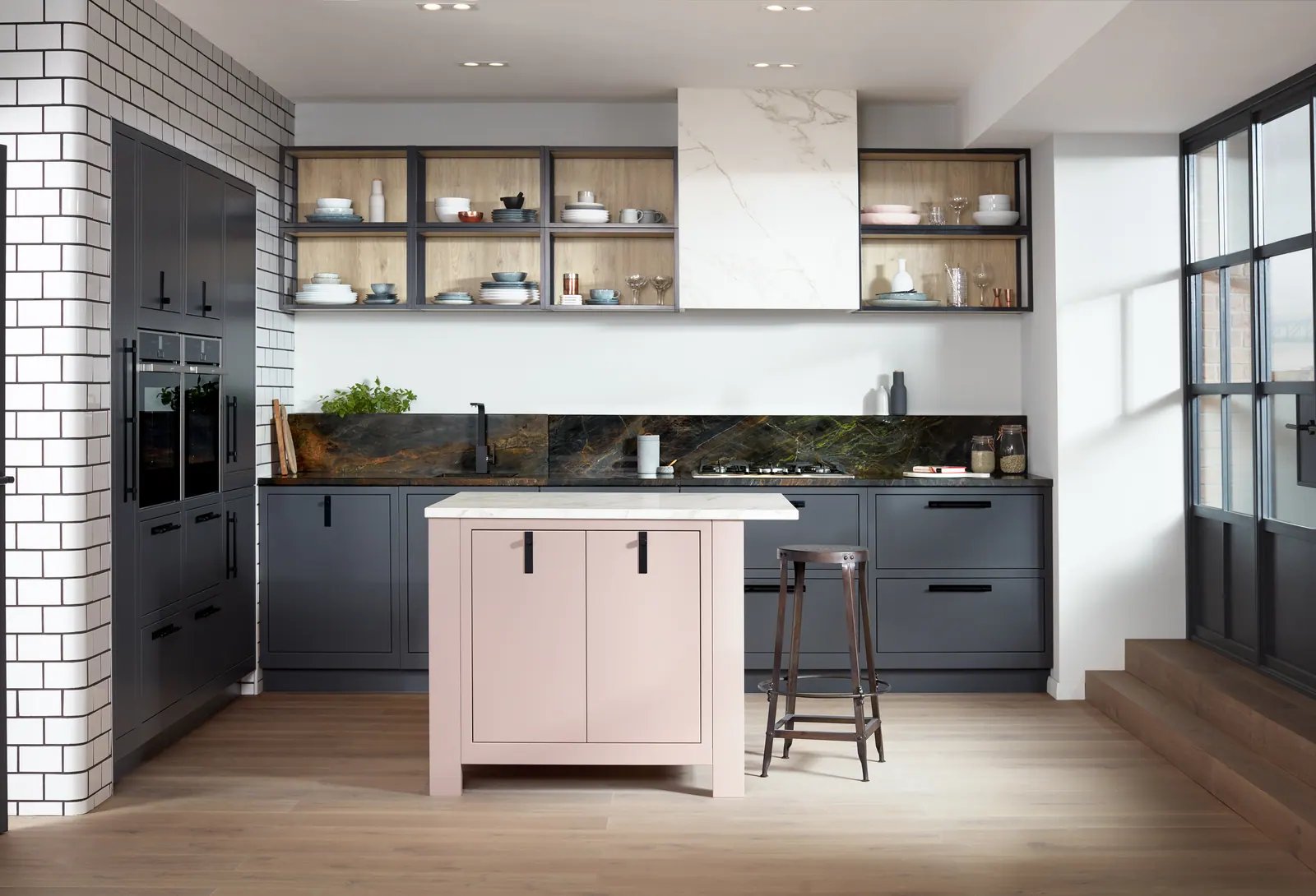 1909 Slab in-frame kitchen shown in Slate and Dry Rose