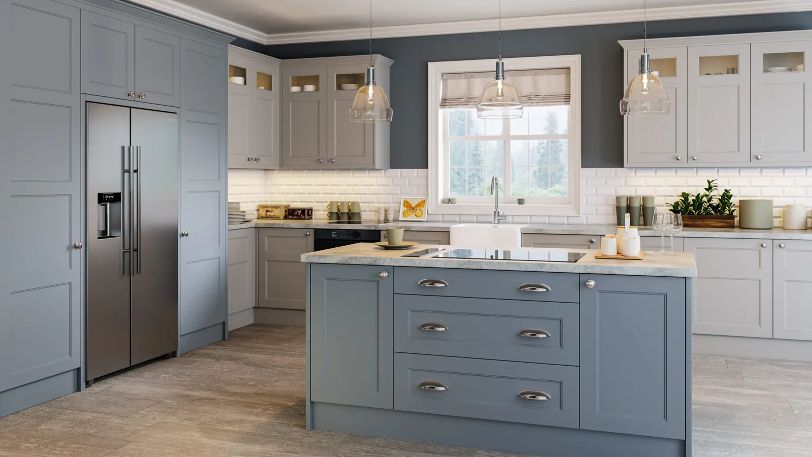 Aldridge kitchen shown in Supermatt Denim and Supermatt Dove Grey