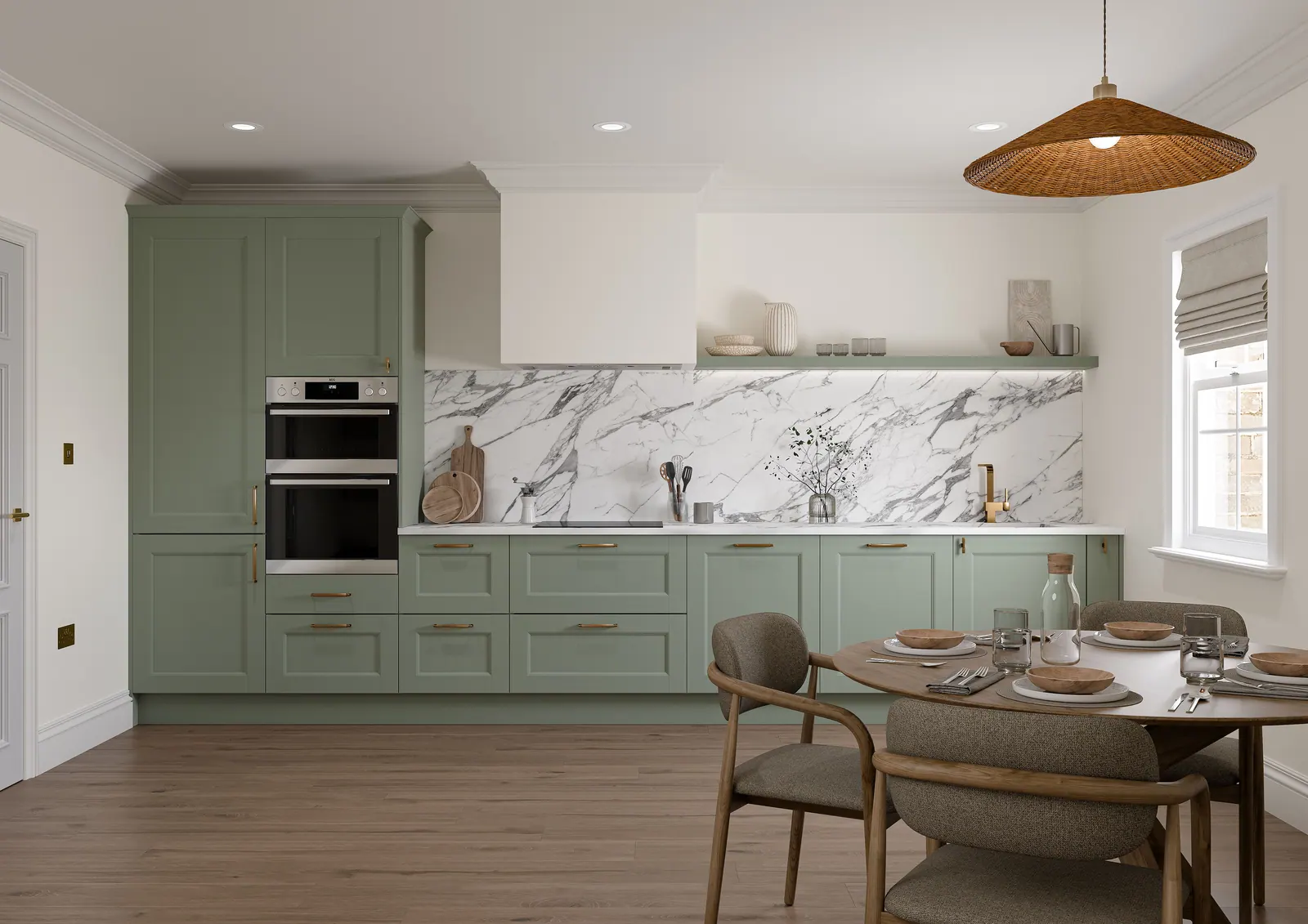Belsay Beaded kitchen shown in Reed Green