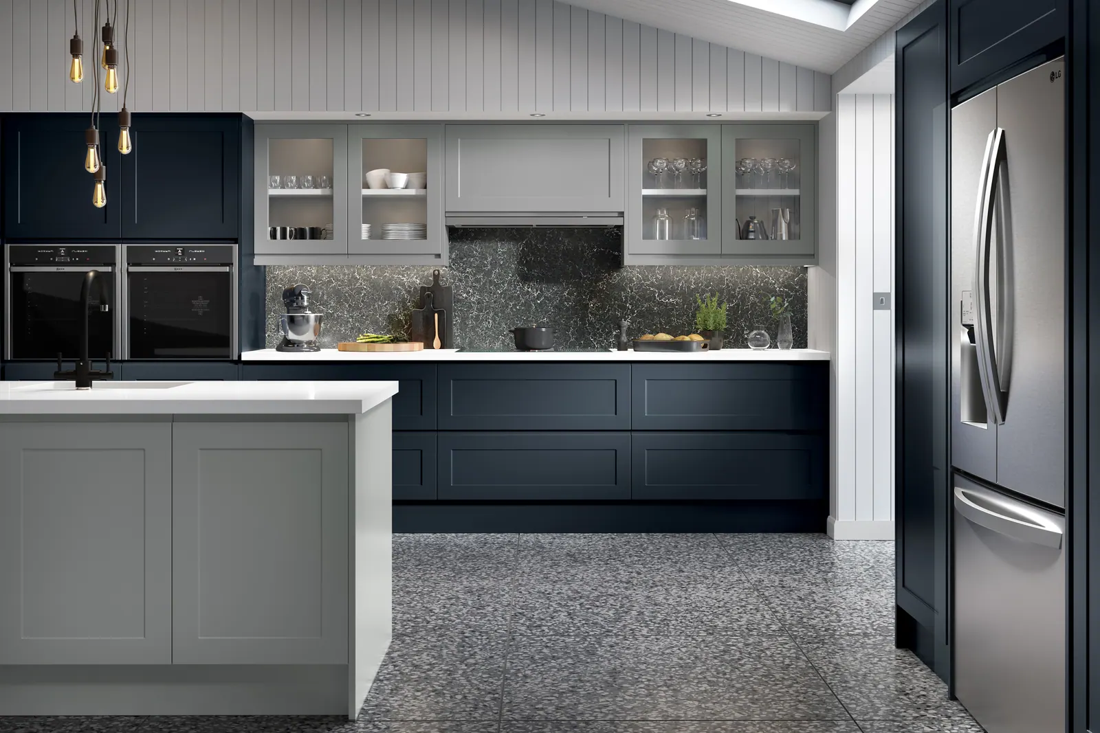 Elland kitchen shown in Supermatt Indigo Blue Supermatt Dust Grey