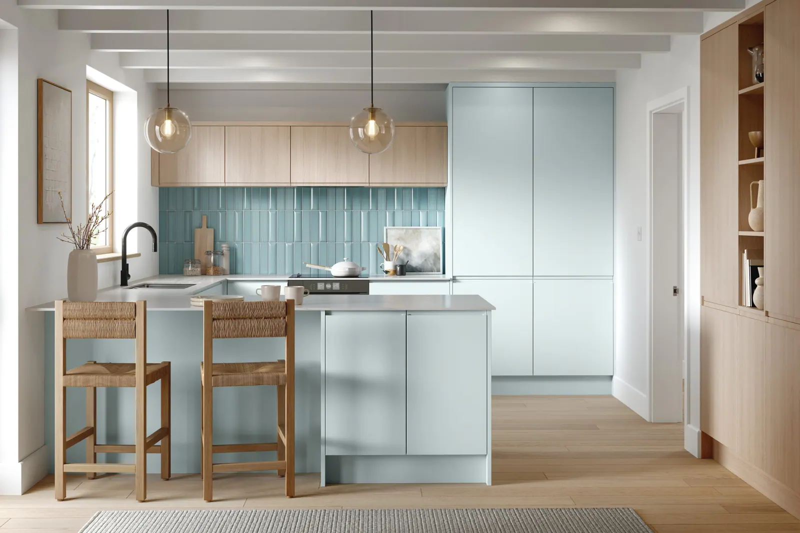 Knebworth kitchen shown in Supermatt Scandinavian Blue and Light Vicenza Oak