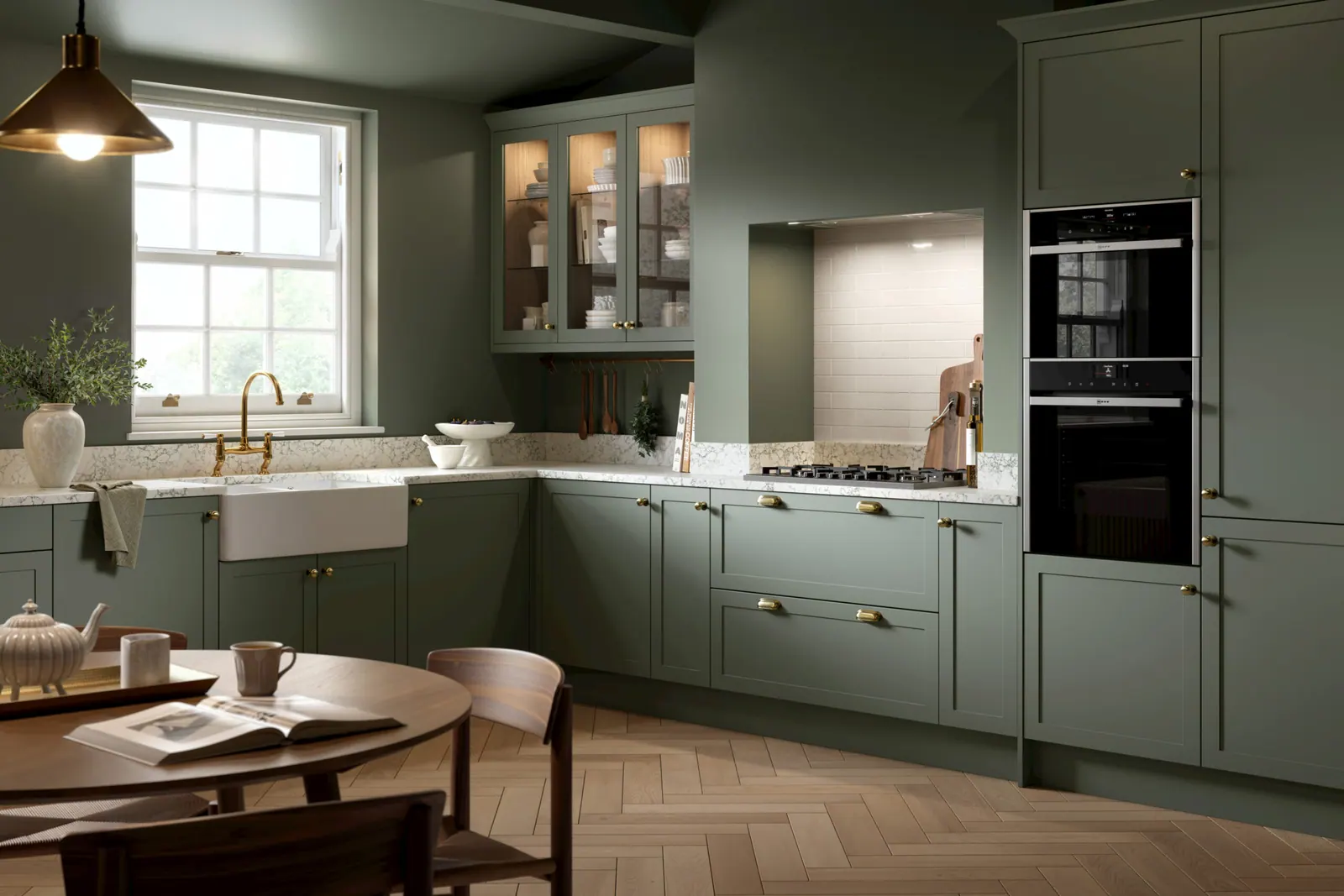 Oakham kitchen shown in Supermatt Smoke Green