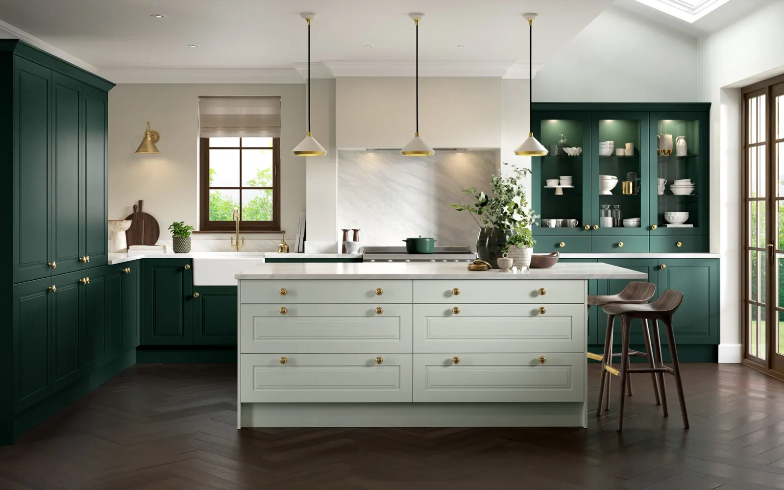 Paris kitchen shown in Matt Pistachio Green and Supermatt Fir Green